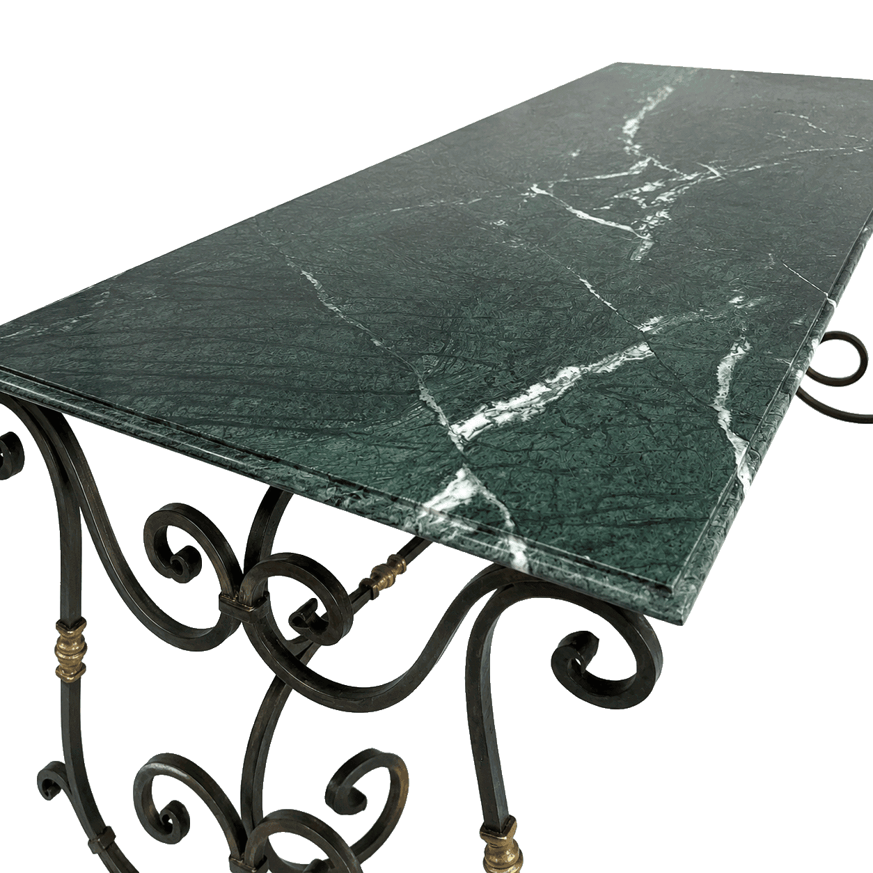 French Provincial Style Wrought Iron Console Table with Green Marble Top - French antique dining tables 3