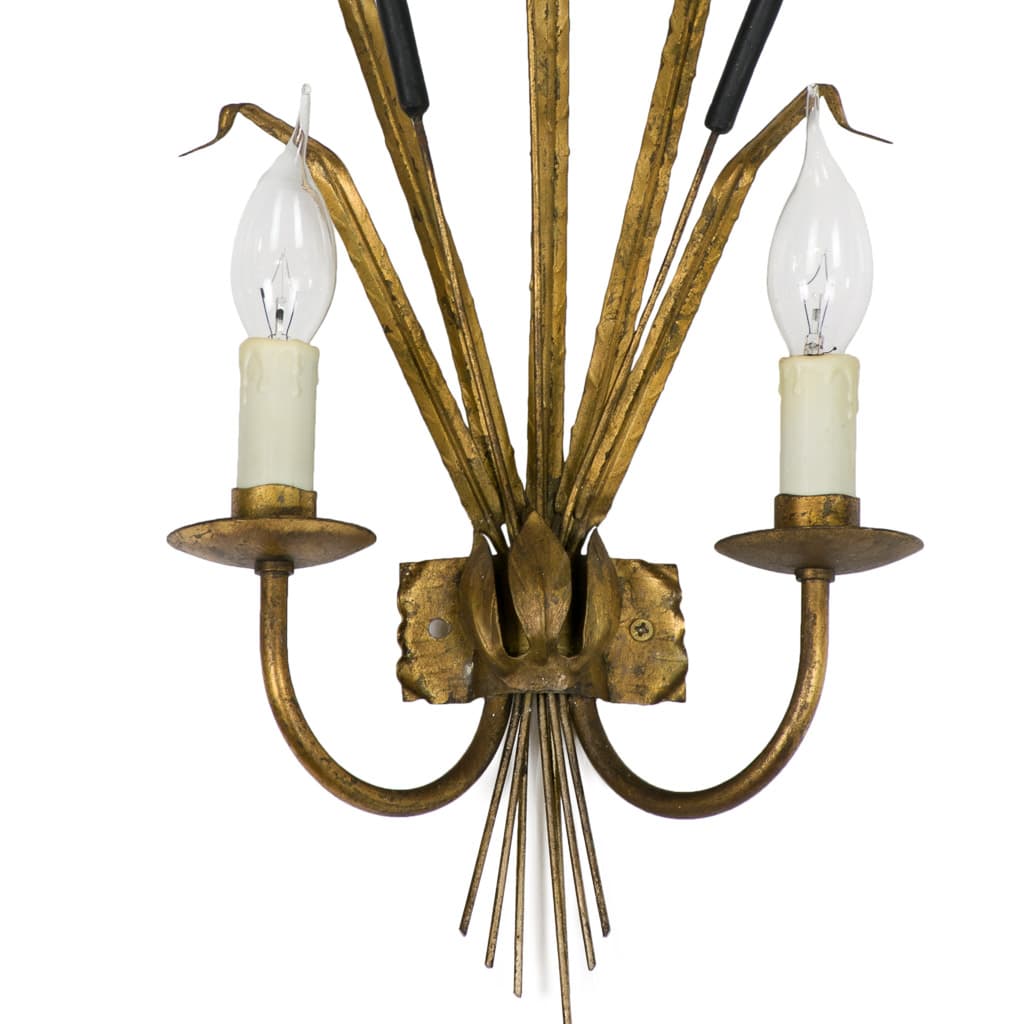 Set of Tree Rush Ferrocolor Reed Wall Sconce in Gilt Iron - French antique wall lights & sconces 3