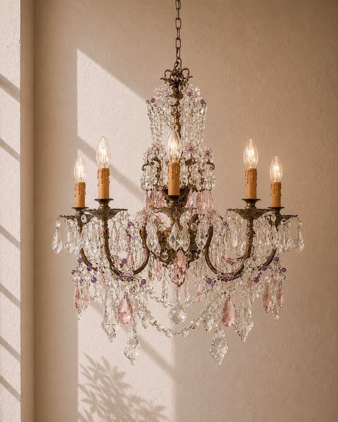 French Louis XV Style Bronze and Crystal Chandelier with Pink Crystal Accents - French antique chandeliers & pendants 2