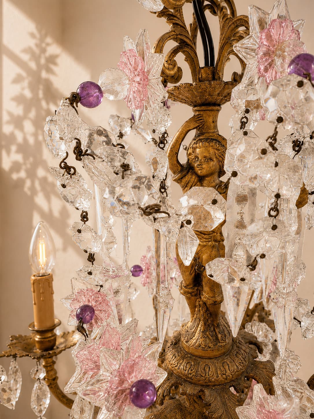 French Louis XV Style Bronze and Crystal Chandelier with Pink Crystal Accents - French antique chandeliers & pendants 3