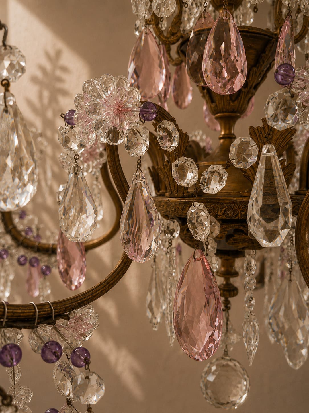 French Louis XV Style Bronze and Crystal Chandelier with Pink Crystal Accents - French antique chandeliers & pendants 4